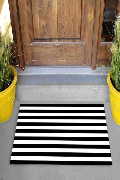 Pelangi Digital Printed Black and White Parallel Striped Decorative Door Mat