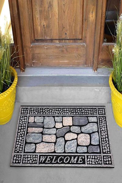 Pelangi Digital Printed Welcome Written Stone Pattern Decorative Door Mat