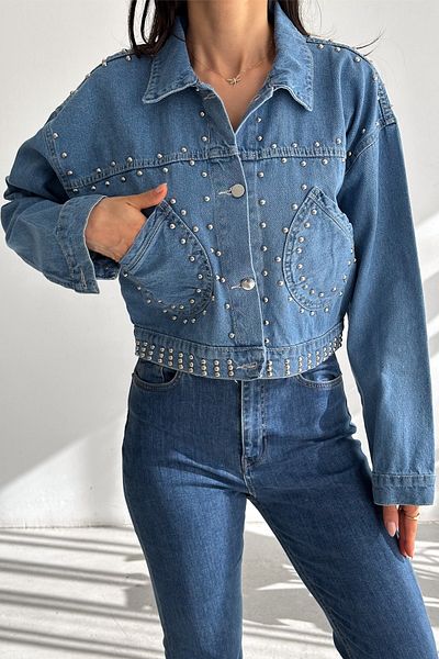 FEMELLE Jachetă de blugi crop de blugi cu buzunare cu piatră cu împânzire