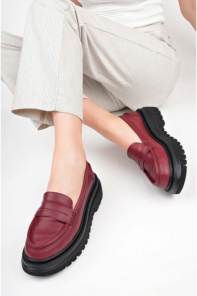 Deripabuc Genuine Leather Claret Red Women's Daily Thick Sole Leather Loafer Shoes Trc-216675