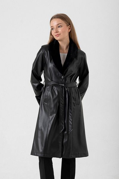 Serica Moda Leather Trench Coat with Fur Collar and Cuffs