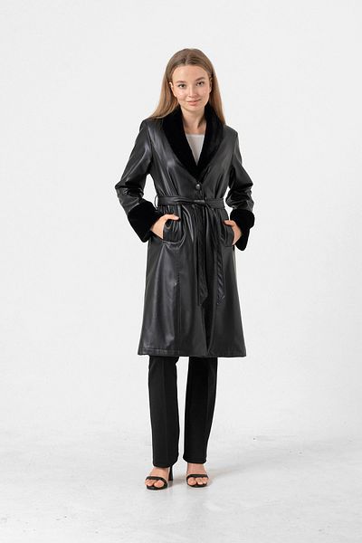 Serica Moda Leather Trench Coat with Fur Collar and Cuffs