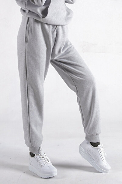 NAKRUF Gri Kadın Regular Lastik Paça Basic Eşofman Altı Jogger