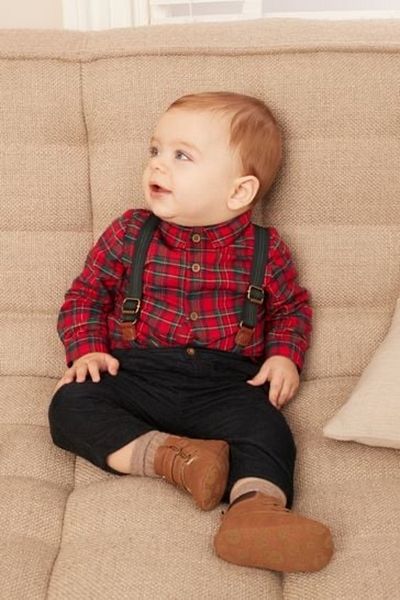 Next Baby 100% Cotton Red Plaid Shirt Pants Bow Tie 3-Piece Top and Bottom Set