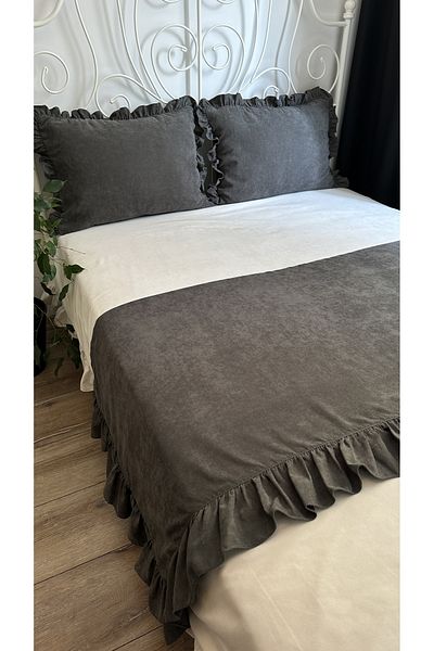 Decamor home Smoked Dark Gray Ruffled Bed Runner and Throw Pillow Bed Throw Bedspread Double