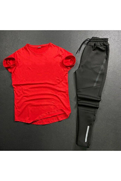NO 601 Thick Diver Fabric Bar Detailed Slim Fit Slim Fit Sweatpants Red Plain Slim Fit Tight Tshirt