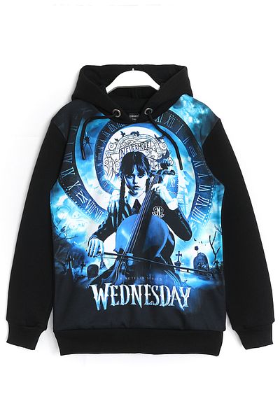 DobaKids Wednesday Addams 3D Printed Girl's Long Sleeve 3 Thread Ribbed Hooded Sweatshirt