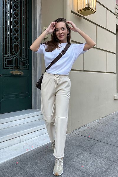 MAGARDE Pantaloni din piele cu piese cu talie elastică - BEI