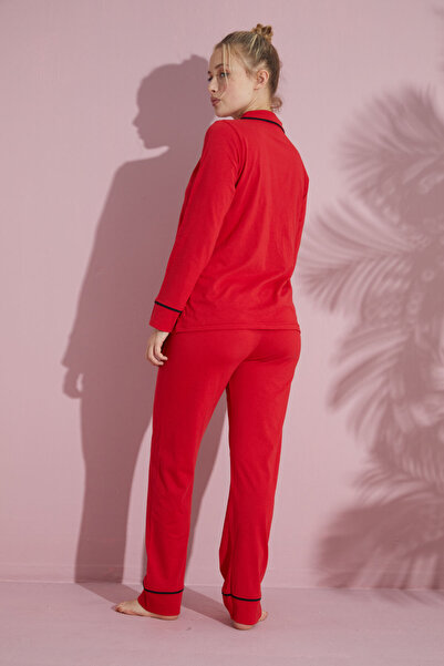 pijamacity Kadın Kırmızı Uzun Kollu Pamuklu Düğmeli Biyeli Pijama Takımı