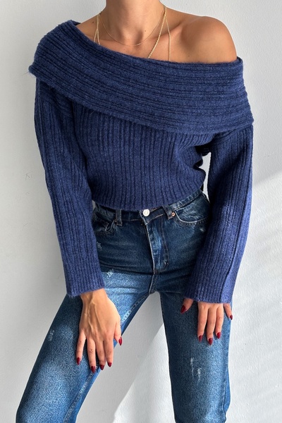 FEMELLE Női indigó fodros galléros bordás pulóver