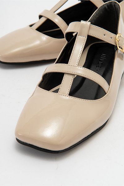 Niloshka FESTA Beige Patent Leather Buckle Casual Ballerina Women's Shoes