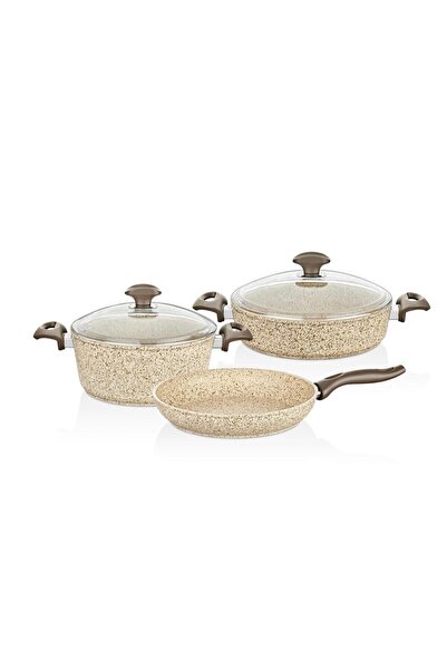 Falezev Falez Creamy 5 Parça Granit Tencere Tava Seti kahverengi