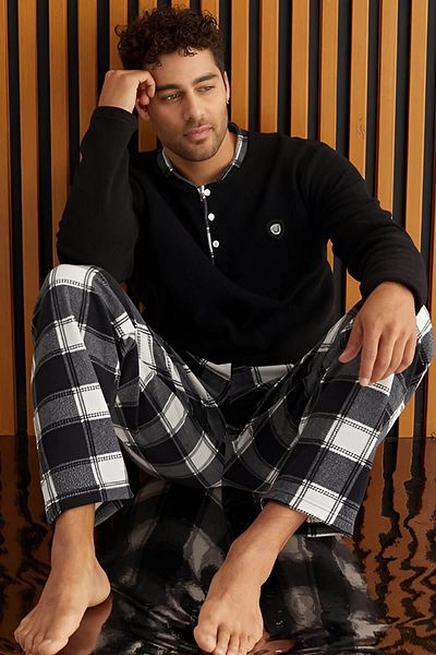 Pijamaevi Schwarz-weiß kariertes Fleece-Herren-Pyjama-Set