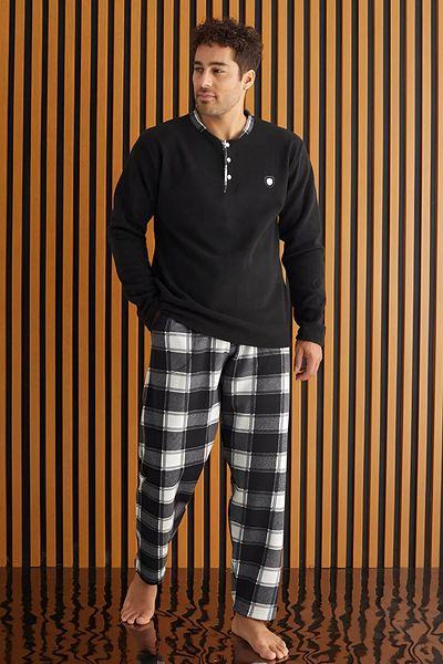 Pijamaevi Schwarz-weiß kariertes Fleece-Herren-Pyjama-Set