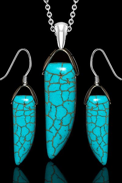 Tesbih Atölyesi Certified Horn Cut 1st Quality Turquoise Stone Necklace and Earring Set - Iran