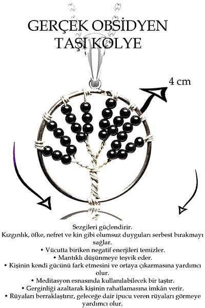 Tesbih Atölyesi Certified Raw Black Obsidian Stone Tree of Life Necklace