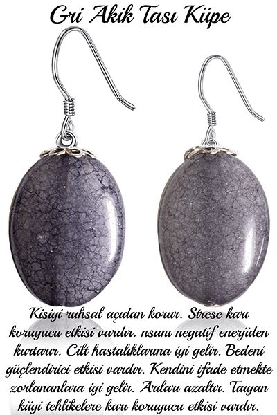 Tesbih Atölyesi Certified Veined Gray Agate Stone Natural Stone Earrings