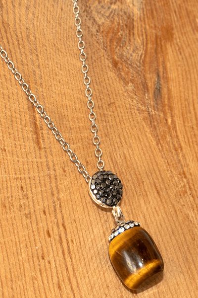 Tesbih Atölyesi Tiger Eye Stone Necklace with Certified Zircon Stone