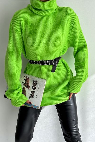 FEMELLE Tricot largi pentru femei, verde fistic, mărime standard, cu gât țesut Pescar, tunică, pulover