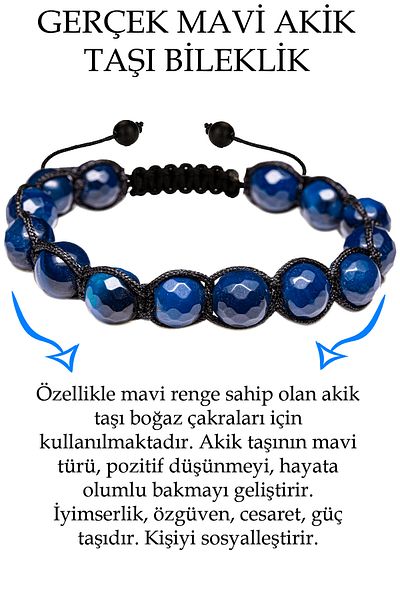 Tesbih Atölyesi Certified Faceted Blue Agate Stone Bracelet - Macrame