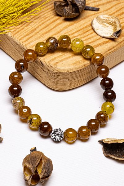 Tesbih Atölyesi Certified Aaa+ Veined Green Agate Stone Bracelet - With Silver Device
