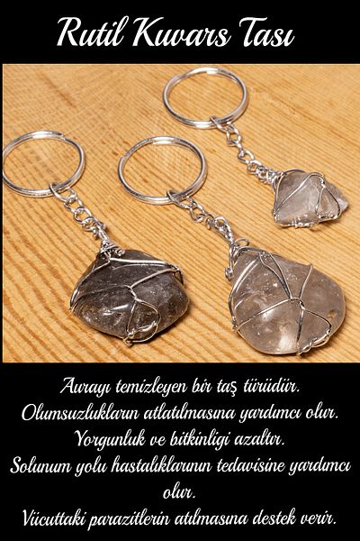 Tesbih Atölyesi Certified Wire Wrapped Raw Rutile Quartz Stone Keychain
