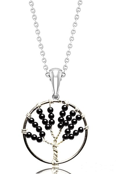 Tesbih Atölyesi Certified Raw Black Obsidian Stone Tree of Life Necklace