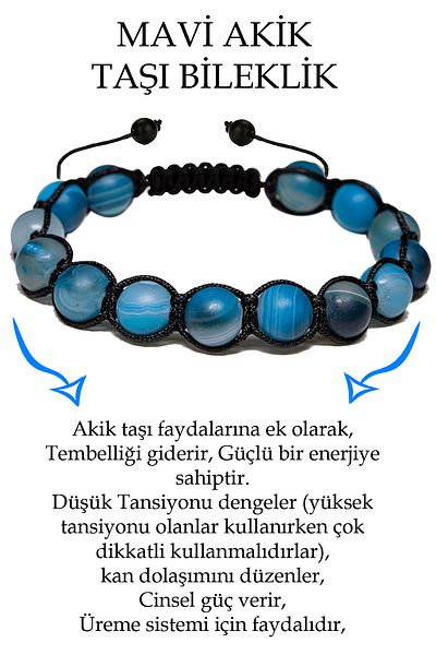 Tesbih Atölyesi Certified Raw Unprocessed Blue Agate Stone Bracelet