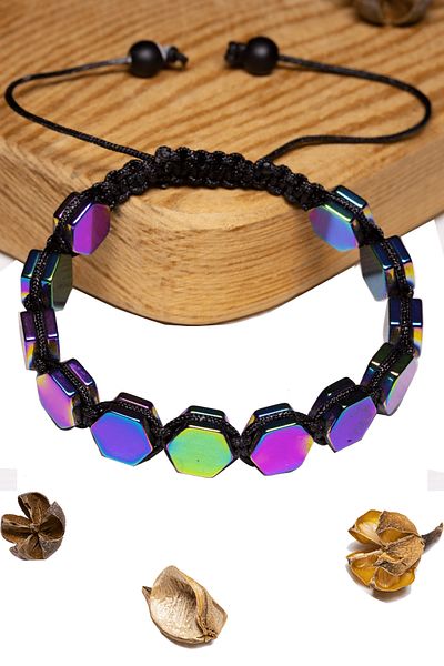Tesbih Atölyesi Certified Hexagonal Aura Hematite Stone Bracelet - Macrame