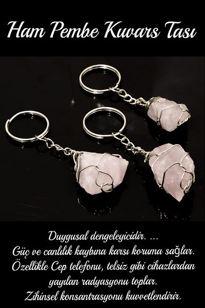 Tesbih Atölyesi Certified Wire Wrapped Raw Unprocessed Pink Quartz Stone Keychain