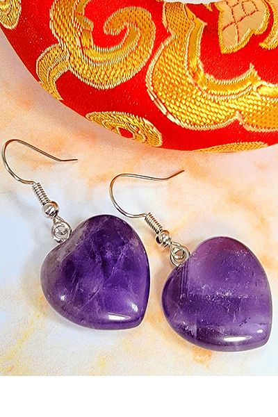 Tesbih Atölyesi Certified Heart Model Real Amethyst Stone Natural Stone Earrings