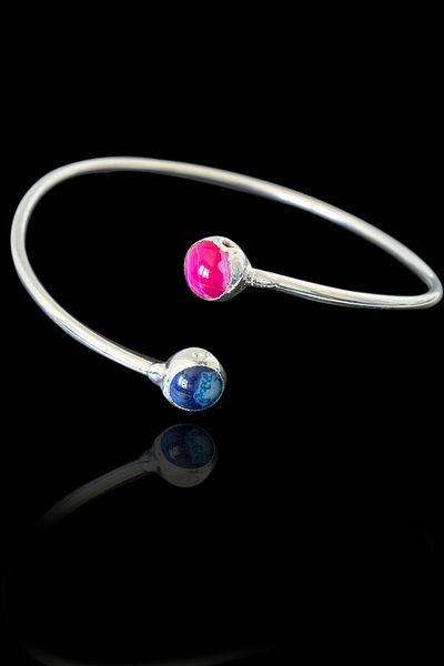 Tesbih Atölyesi Certified Silver Color Handcuff Model Bracelet - (Pink Agate - Blue Agate Stone)