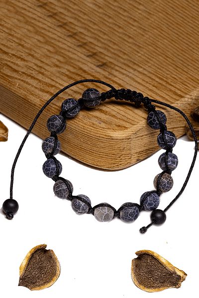 Tesbih Atölyesi Certified Veined Black Agate Stone Bracelet - Macrame