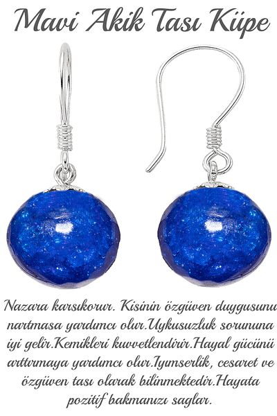 Tesbih Atölyesi Certified Silver Alloy Blue Agate Stone Earrings