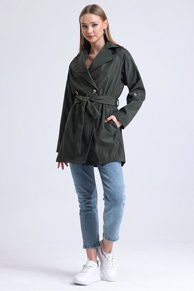MD trend Women's Khaki Double Breasted Collar Belted Pocket Unlined Short Trench Coat
