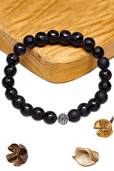 Tesbih Atölyesi Certified Three Crescent Mix Patterned Genuine Onyx Stone Bracelet - With Silver Device