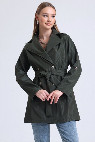 MD trend Women's Khaki Double Breasted Collar Belted Pocket Unlined Short Trench Coat