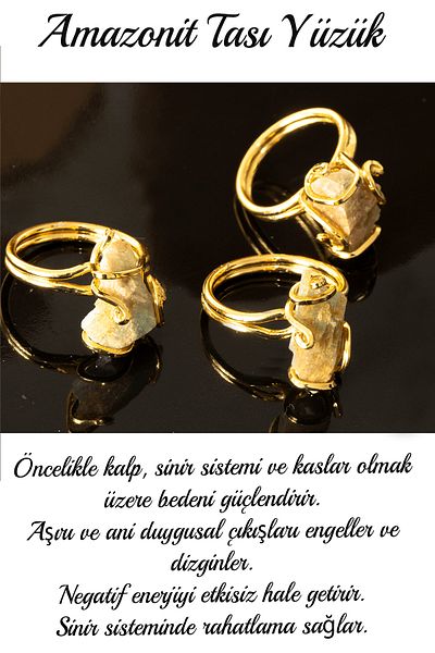Tesbih Atölyesi Certified Rococo Model Raw Amazonite Stone Ring - Adjustable