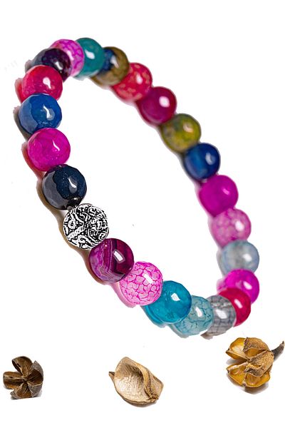 Tesbih Atölyesi Certified Aaa+ Faceted Pink Blue Agate Stone Bracelet - With Silver Device