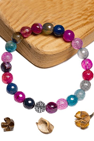 Tesbih Atölyesi Certified Aaa+ Faceted Pink Blue Agate Stone Bracelet - With Silver Device