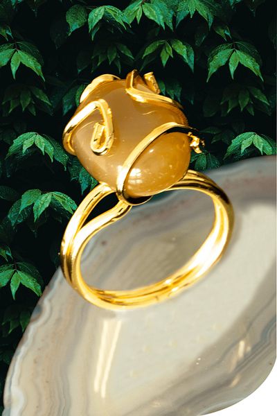 Tesbih Atölyesi Certified Rococo Model Yellow Agate Stone Ring - Adjustable