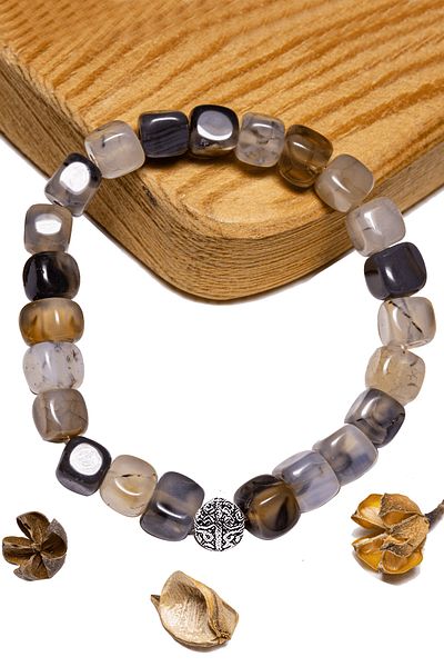 Tesbih Atölyesi Certified Cube Cut Black - White Agate Stone Bracelet - With Silver Device