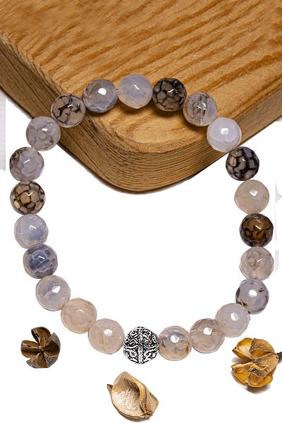 Tesbih Atölyesi Certified Faceted Aaa+ Black and White Striped Agate Stone Bracelet - with Silver Device