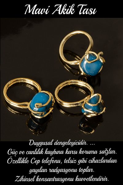 Tesbih Atölyesi Certified Rococo Model Dark Blue Agate Stone Ring - Adjustable