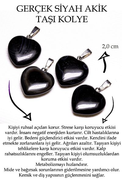 Tesbih Atölyesi Certified Heart Cut Black Agate Stone Necklace