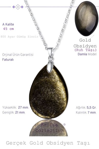 Tesbih Atölyesi Certified Drop Model Gold Obsidian Stone Necklace (WITH SILVER DEVICE)