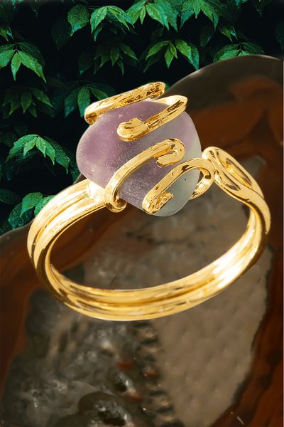 Tesbih Atölyesi Certified Gold Rococo Model Raw Fluorite Stone Ring - Adjustable