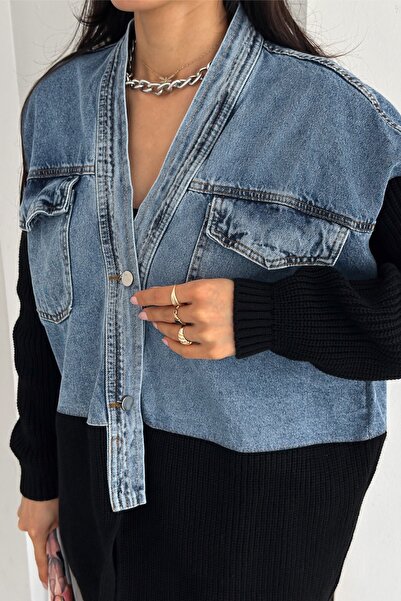 FEMELLE Dámská černá úpletová džínová bunda s detailním designem