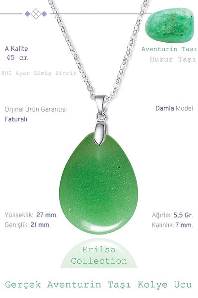 Tesbih Atölyesi Certified Drop Model Aventurine Stone Necklace (With Silver Device)
