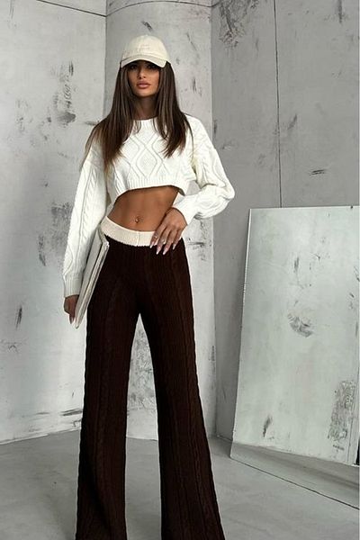 lovebox Women's Belt Detail Wide Leg Knitwear Brown Trousers 23W01017